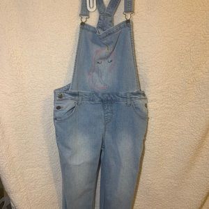 Girls 14 L/XL denim overalls with embroidered unicorn